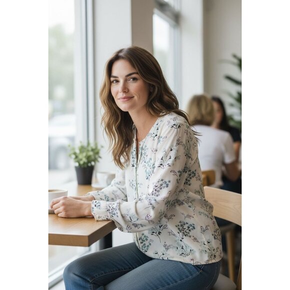 Van Heusen Womens Floral Long Sleeve Blouse Size L Cream & Blue - Picture 1 of 7